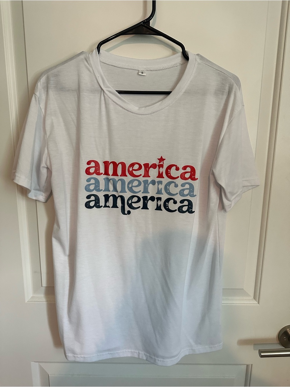 SHEIN White Short Sleeve Tee with Red, Light Blue & Navy "america" Print